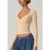 QINSEN Women’s Long Sleeve V Neck T Shirts Double Lined Crop Top Seamed Cup Going Out Tops(Marzipan)