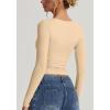 QINSEN Women’s Long Sleeve V Neck T Shirts Double Lined Crop Top Seamed Cup Going Out Tops(Marzipan)