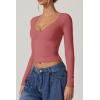 QINSEN Women’s Long Sleeve V Neck T Shirts Double Lined Crop Top Seamed Cup Going Out Tops(Merlot)