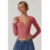 QINSEN Women’s Long Sleeve V Neck T Shirts Double Lined Crop Top Seamed Cup Going Out Tops(Merlot)