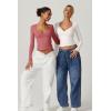 QINSEN Women’s Long Sleeve V Neck T Shirts Double Lined Crop Top Seamed Cup Going Out Tops(Merlot)