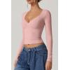 QINSEN Women’s Long Sleeve V Neck T Shirts Double Lined Crop Top Seamed Cup Going Out Tops(Pink)