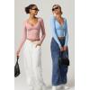 QINSEN Women’s Long Sleeve V Neck T Shirts Double Lined Crop Top Seamed Cup Going Out Tops(Pink)