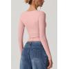 QINSEN Women’s Long Sleeve V Neck T Shirts Double Lined Crop Top Seamed Cup Going Out Tops(Pink)