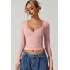 QINSEN Women’s Long Sleeve V Neck T Shirts Double Lined Crop Top Seamed Cup Going Out Tops(Pink)