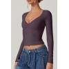 QINSEN Women’s Long Sleeve V Neck T Shirts Double Lined Crop Top Seamed Cup Going Out Tops(Prune Purple)