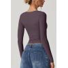 QINSEN Women’s Long Sleeve V Neck T Shirts Double Lined Crop Top Seamed Cup Going Out Tops(Prune Purple)