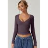 QINSEN Women’s Long Sleeve V Neck T Shirts Double Lined Crop Top Seamed Cup Going Out Tops(Prune Purple)