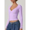 QINSEN Women’s Long Sleeve V Neck T Shirts Double Lined Crop Top Seamed Cup Going Out Tops(Purple)