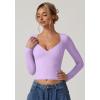 QINSEN Women’s Long Sleeve V Neck T Shirts Double Lined Crop Top Seamed Cup Going Out Tops(Purple)