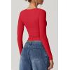 QINSEN Women’s Long Sleeve V Neck T Shirts Double Lined Crop Top Seamed Cup Going Out Tops(Red)