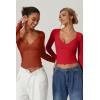 QINSEN Women’s Long Sleeve V Neck T Shirts Double Lined Crop Top Seamed Cup Going Out Tops(Red)