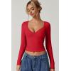 QINSEN Women’s Long Sleeve V Neck T Shirts Double Lined Crop Top Seamed Cup Going Out Tops(Red)