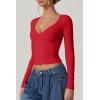 QINSEN Women’s Long Sleeve V Neck T Shirts Double Lined Crop Top Seamed Cup Going Out Tops(Red)