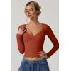 QINSEN Women’s Long Sleeve V Neck T Shirts Double Lined Crop Top Seamed Cup Going Out Tops(Rooibos Tea)