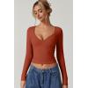 QINSEN Women’s Long Sleeve V Neck T Shirts Double Lined Crop Top Seamed Cup Going Out Tops(Rooibos Tea)