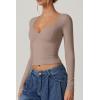 QINSEN Women’s Long Sleeve V Neck T Shirts Double Lined Crop Top Seamed Cup Going Out Tops(Rose Taupe)