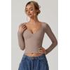 QINSEN Women’s Long Sleeve V Neck T Shirts Double Lined Crop Top Seamed Cup Going Out Tops(Rose Taupe)