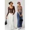 QINSEN Women’s Long Sleeve V Neck T Shirts Double Lined Crop Top Seamed Cup Going Out Tops(Rose Taupe)