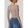 QINSEN Women’s Long Sleeve V Neck T Shirts Double Lined Crop Top Seamed Cup Going Out Tops(Rose Taupe)