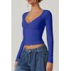 QINSEN Women’s Long Sleeve V Neck T Shirts Double Lined Crop Top Seamed Cup Going Out Tops(Sapphire Blue)