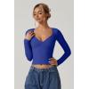 QINSEN Women’s Long Sleeve V Neck T Shirts Double Lined Crop Top Seamed Cup Going Out Tops(Sapphire Blue)
