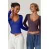 QINSEN Women’s Long Sleeve V Neck T Shirts Double Lined Crop Top Seamed Cup Going Out Tops(Sapphire Blue)