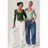 QINSEN Women’s Long Sleeve V Neck T Shirts Double Lined Crop Top Seamed Cup Going Out Tops(Smoke Green)