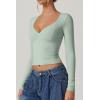 QINSEN Women’s Long Sleeve V Neck T Shirts Double Lined Crop Top Seamed Cup Going Out Tops(Smoke Green)