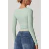 QINSEN Women’s Long Sleeve V Neck T Shirts Double Lined Crop Top Seamed Cup Going Out Tops(Smoke Green)