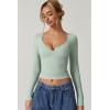 QINSEN Women’s Long Sleeve V Neck T Shirts Double Lined Crop Top Seamed Cup Going Out Tops(Smoke Green)