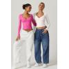 QINSEN Women’s Long Sleeve V Neck T Shirts Double Lined Crop Top Seamed Cup Going Out Tops(Splashed White)