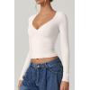 QINSEN Women’s Long Sleeve V Neck T Shirts Double Lined Crop Top Seamed Cup Going Out Tops(Splashed White)