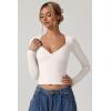 QINSEN Women’s Long Sleeve V Neck T Shirts Double Lined Crop Top Seamed Cup Going Out Tops(Splashed White)