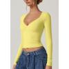 QINSEN Women’s Long Sleeve V Neck T Shirts Double Lined Crop Top Seamed Cup Going Out Tops(Yellow)