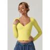 QINSEN Women’s Long Sleeve V Neck T Shirts Double Lined Crop Top Seamed Cup Going Out Tops(Yellow)