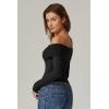 QINSEN Womens Off The Shoulder Tops Double Lined Long Sleeve T Shirts Slim Fitted Stretchy Crop Top(Black)