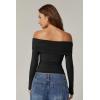 QINSEN Womens Off The Shoulder Tops Double Lined Long Sleeve T Shirts Slim Fitted Stretchy Crop Top(Black)