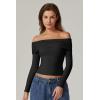 QINSEN Womens Off The Shoulder Tops Double Lined Long Sleeve T Shirts Slim Fitted Stretchy Crop Top(Black)