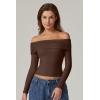 QINSEN Womens Off The Shoulder Tops Double Lined Long Sleeve T Shirts Slim Fitted Stretchy Crop Top(Chestnut)