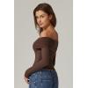 QINSEN Womens Off The Shoulder Tops Double Lined Long Sleeve T Shirts Slim Fitted Stretchy Crop Top(Chestnut)