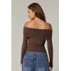 QINSEN Womens Off The Shoulder Tops Double Lined Long Sleeve T Shirts Slim Fitted Stretchy Crop Top(Chestnut)
