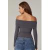 QINSEN Womens Off The Shoulder Tops Double Lined Long Sleeve T Shirts Slim Fitted Stretchy Crop Top(Dark Grey)