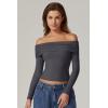 QINSEN Womens Off The Shoulder Tops Double Lined Long Sleeve T Shirts Slim Fitted Stretchy Crop Top(Dark Grey)