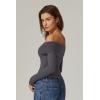 QINSEN Womens Off The Shoulder Tops Double Lined Long Sleeve T Shirts Slim Fitted Stretchy Crop Top(Dark Grey)