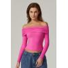 QINSEN Womens Off The Shoulder Tops Double Lined Long Sleeve T Shirts Slim Fitted Stretchy Crop Top(Magenta)