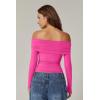 QINSEN Womens Off The Shoulder Tops Double Lined Long Sleeve T Shirts Slim Fitted Stretchy Crop Top(Magenta)