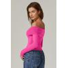 QINSEN Womens Off The Shoulder Tops Double Lined Long Sleeve T Shirts Slim Fitted Stretchy Crop Top(Magenta)