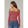 QINSEN Womens Off The Shoulder Tops Double Lined Long Sleeve T Shirts Slim Fitted Stretchy Crop Top(Merlot)