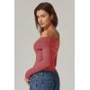 QINSEN Womens Off The Shoulder Tops Double Lined Long Sleeve T Shirts Slim Fitted Stretchy Crop Top(Merlot)